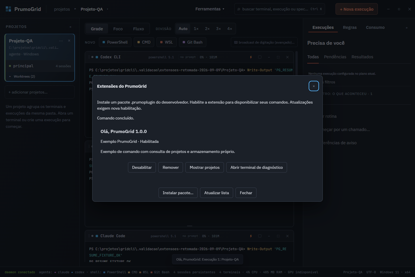 Tela de extensões do PrumoGrid com plugin de exemplo