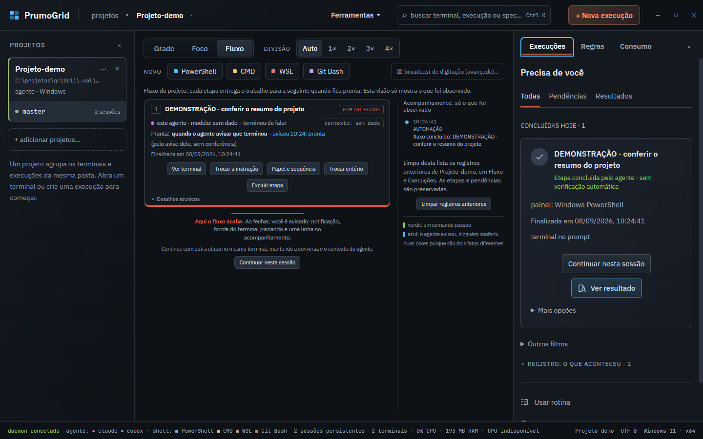Fluxo do PrumoGrid com uma etapa concluída e seu resultado