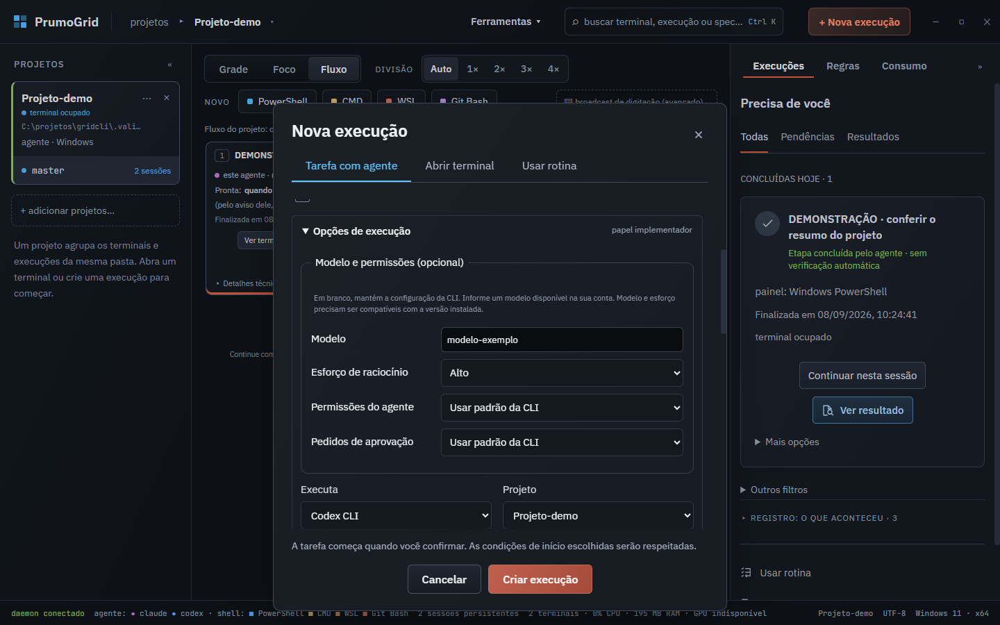 Opções de execução do Codex com modelo, esforço e permissões da CLI.