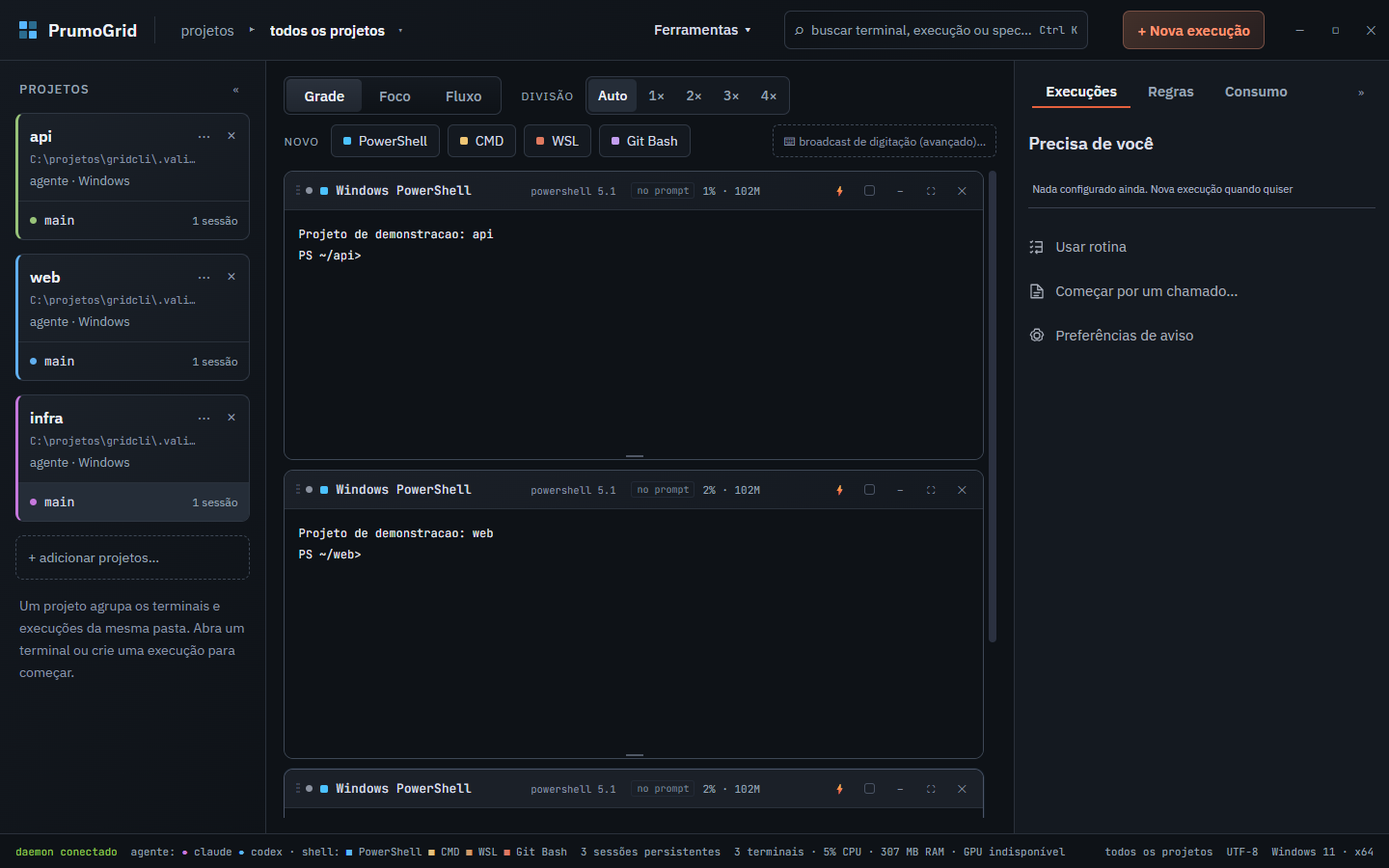 PrumoGrid com projetos api, web e infra e seus terminais
