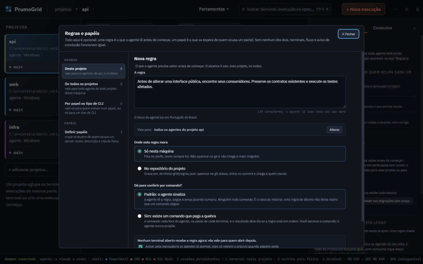 Editor real de uma regra com orientação sobre contratos e testes.