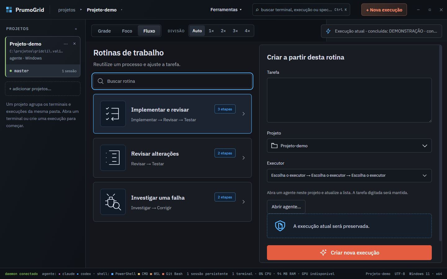Catálogo de rotinas com Implementar e revisar, Revisar alterações e Investigar uma falha.